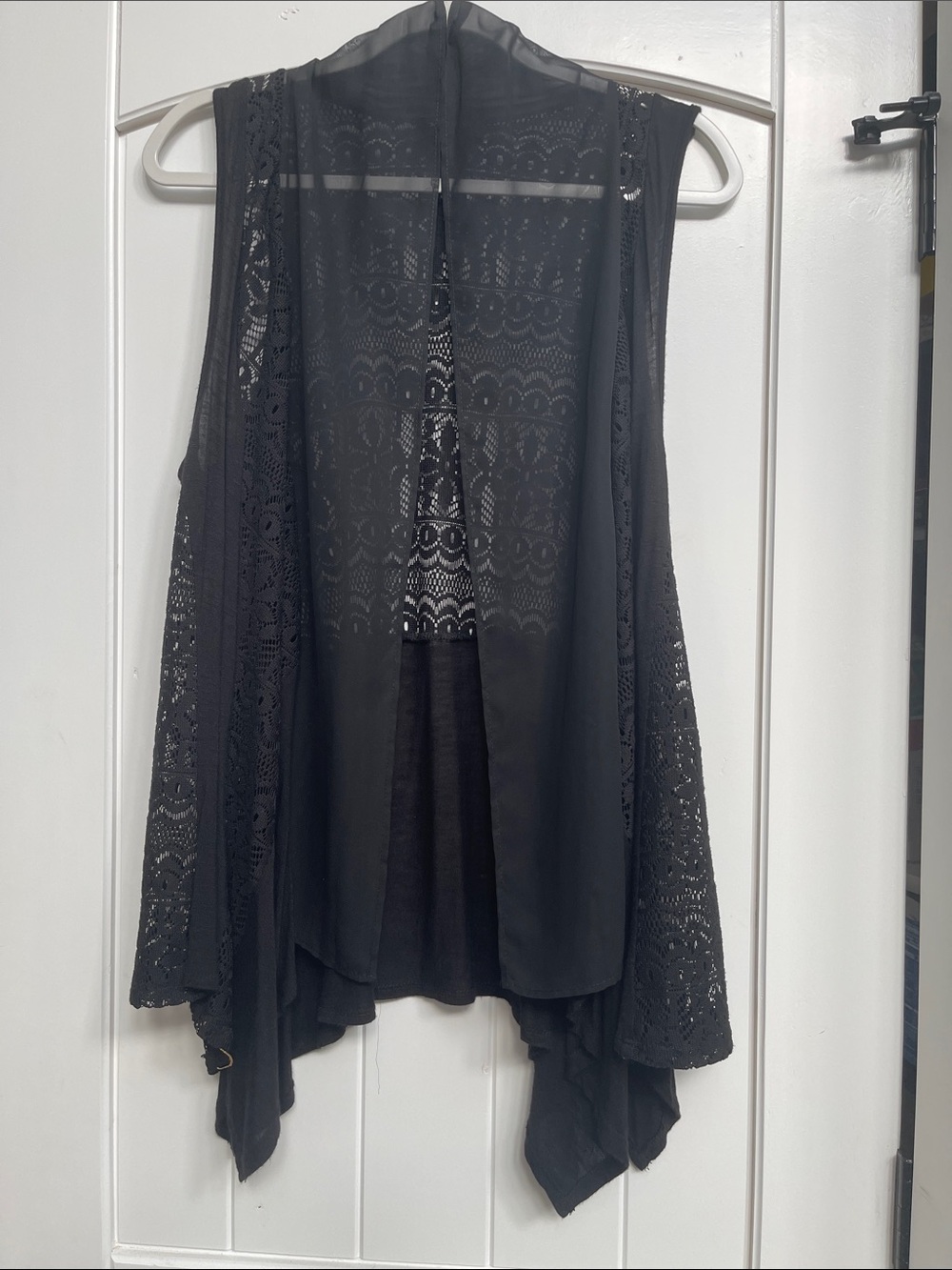 AB Studio Black Lace Open-Front Draped Vest